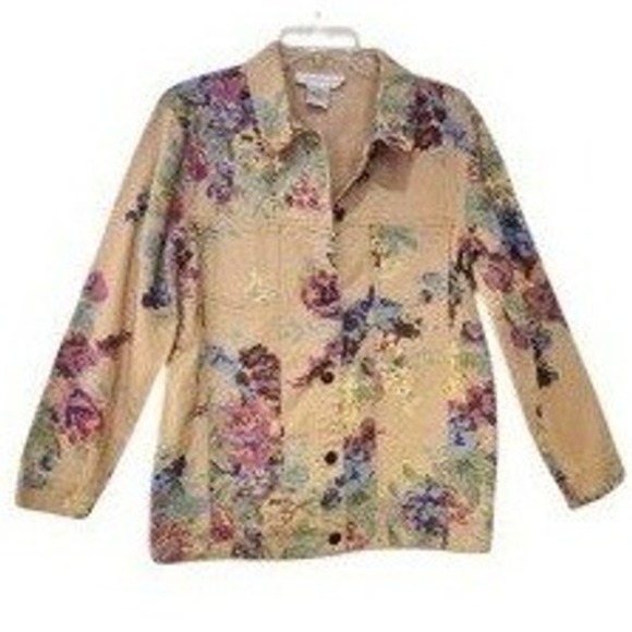 Susan Graver Style Jackets & Blazers - Susan Graver Style Womens Floral Denim Jacket Tan Purple Blue Size Medium Cotton